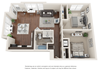 Two bedroom, one bathroom three-dimensional floor plan layout with balcony. Bedrooms are to the right of the floor plan.